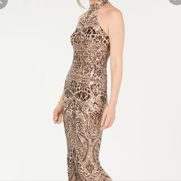 slim fit dress slacks Betsy & Adam Mariah Metallic Foil One Shoulder Dress A27193 main image 0